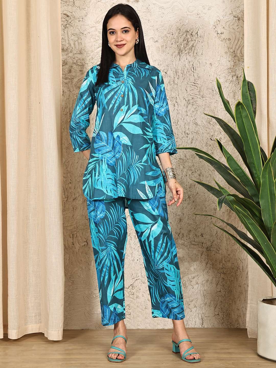 Women's Pure Cotton Printed Collared Top and Pant Co-ord Set (Multti Color2) - Image 8